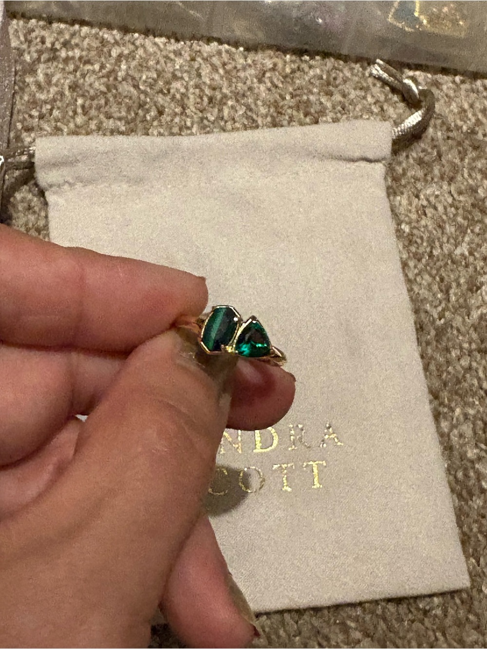 New Kendra Scott Gold Ring with Green Stones size 7